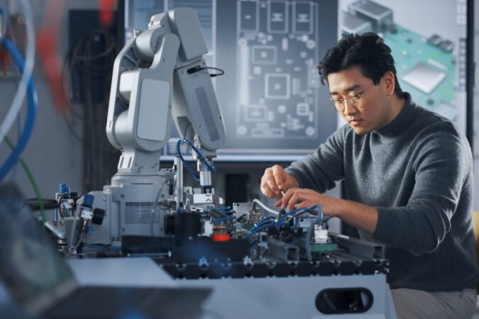 Asian Student Assembling Robotic Arm with Screwdriver During the Lesson. Robot is Moving. Computer Motherboard Components at Digital Interactive Whiteboard at Background. Education Concept