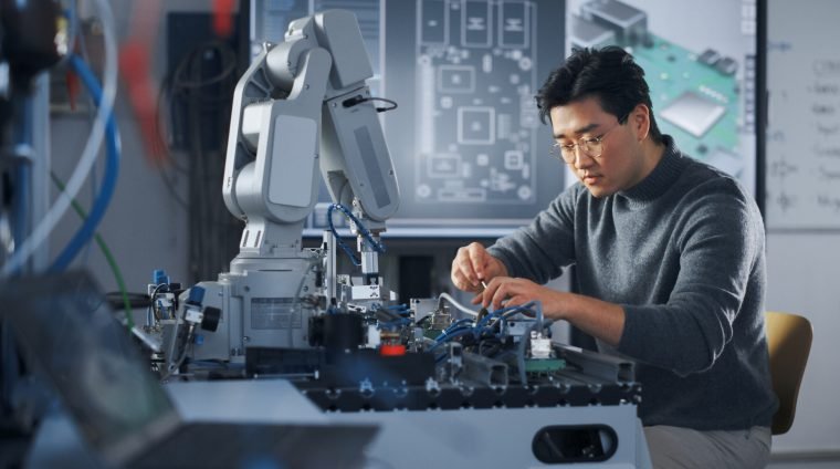 asian-student-assembling-robotic-arm-with-screwdriver-lesson-robot-is-moving-computer-motherboard-components-digital-interactive-whiteboard-background-education-concept Asian Student Assembling Robotic Arm with Screwdriver During the Lesson. Robot is Moving. Computer Motherboard Components at Digital Interactive Whiteboard at Background. Education Concept