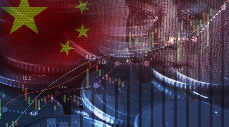 Double exposure of Mao Tse Tung from Yuan banknote and coins with stock market chart for China economy growth and investment trading concept.
